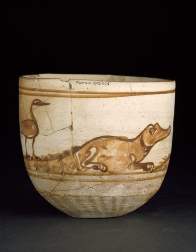 Cup decorated in red with a scene of two crocodiles with birds on their tails, 101-300 by Egyptian